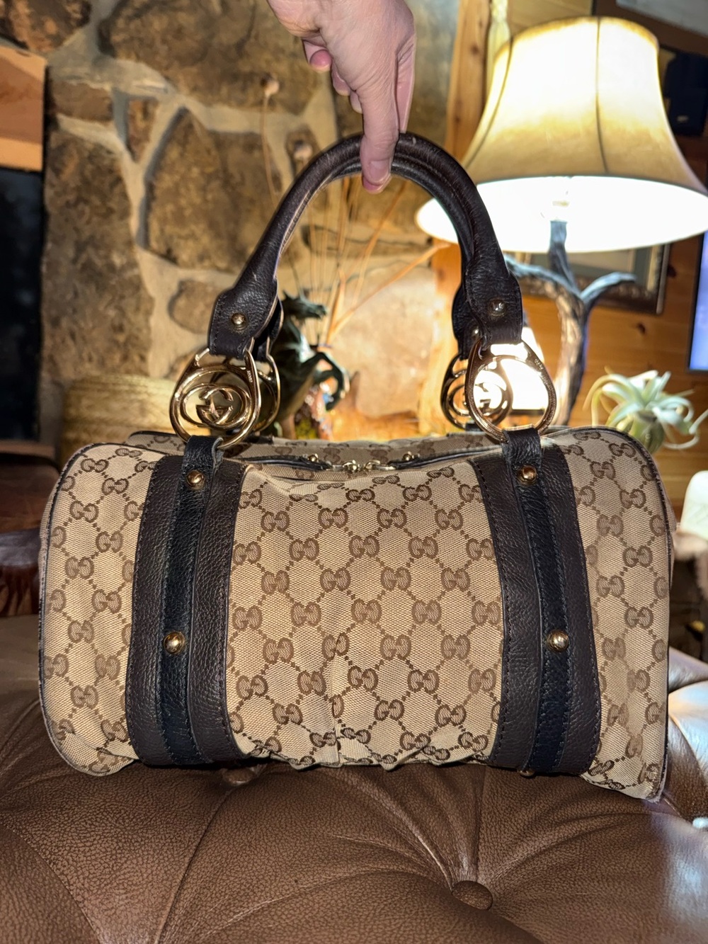 Gucci Beige GG Supreme Boston Bag with Leather Trim